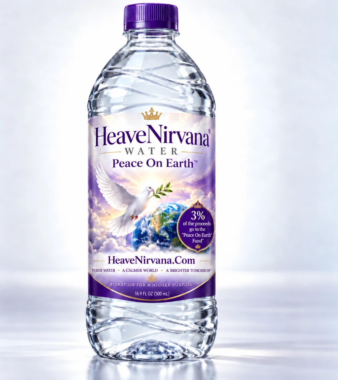 HeaveNirvana Water bottle concept with royal-purple cap, peace dove, Earth, and Peace On Earth Fund label